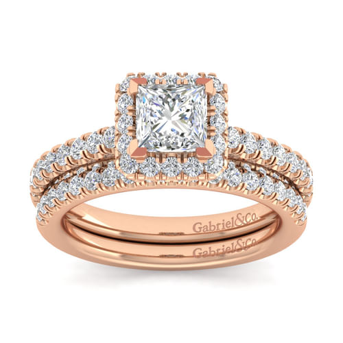 14K Rose Gold Princess Halo Diamond Engagement Ring