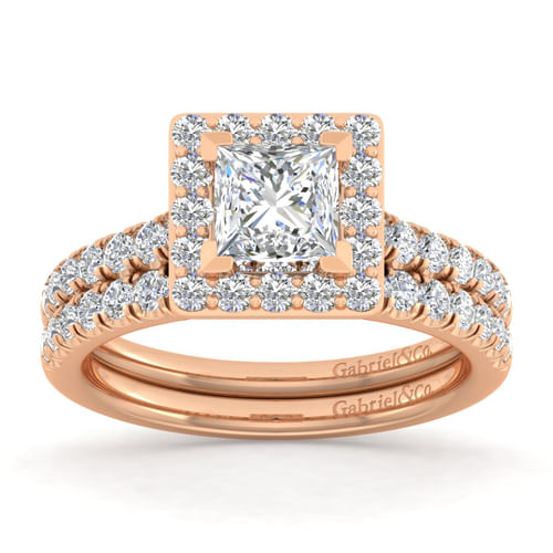 14K Rose Gold Princess Halo Diamond Engagement Ring