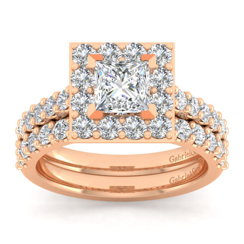 14K Rose Gold Princess Halo Diamond Engagement Ring