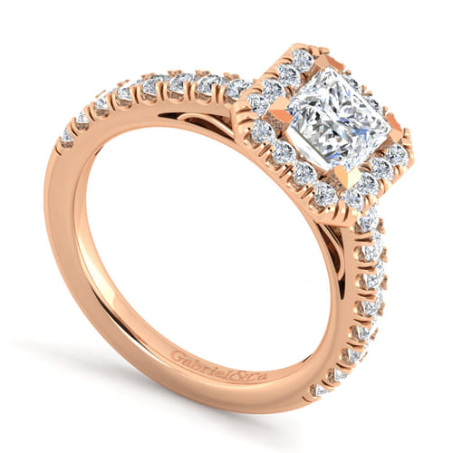 14K Rose Gold Princess Halo Diamond Engagement Ring