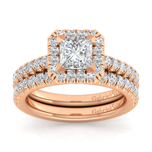 14K Rose Gold Princess Halo Diamond Engagement Ring