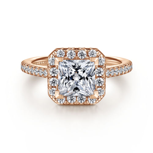 14K Rose Gold Princess Halo Diamond Engagement Ring