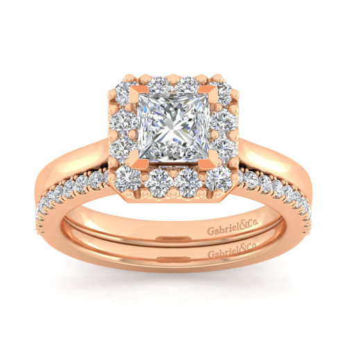 14K Rose Gold Princess Halo Diamond Engagement Ring