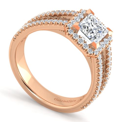 14K Rose Gold Princess Halo Diamond Engagement Ring