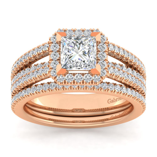 14K Rose Gold Princess Halo Diamond Engagement Ring
