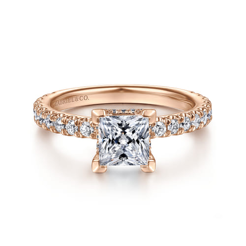 14K Rose Gold Princess Hidden Halo Diamond Engagement Ring