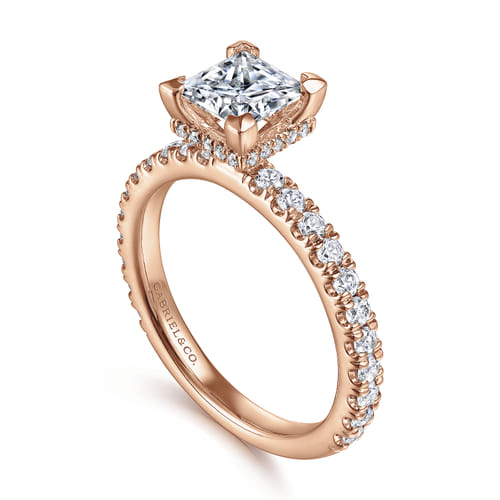 14K Rose Gold Princess Hidden Halo Diamond Engagement Ring