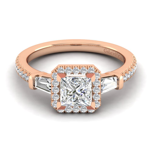 14K Rose Gold Princess Three Stone Halo Diamond Channel Set Engagement Ring