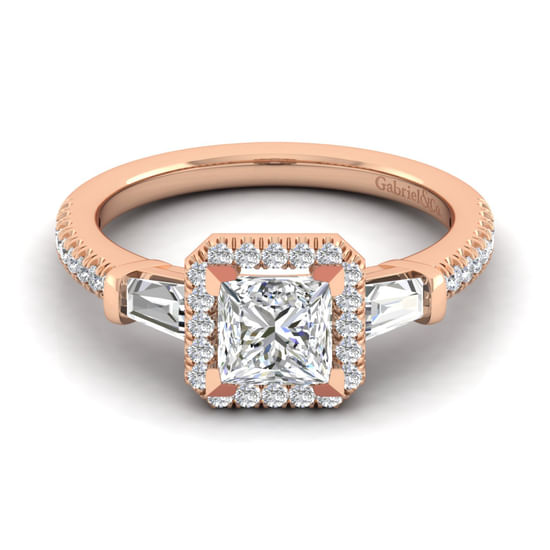 Gabriel - 14K Rose Gold Princess Three Stone Halo Diamond Channel Set Engagement Ring