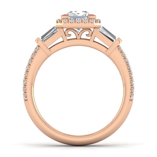 14K Rose Gold Princess Three Stone Halo Diamond Channel Set Engagement Ring
