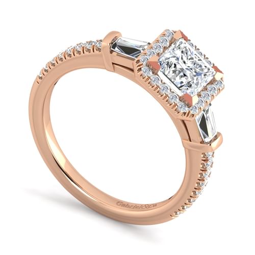 14K Rose Gold Princess Three Stone Halo Diamond Channel Set Engagement Ring