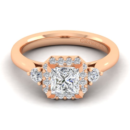 14K Rose Gold Princess Three Stone Halo Diamond Engagement Ring