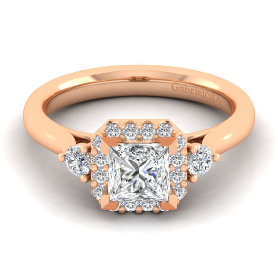 Gabriel - 14K Rose Gold Princess Three Stone Halo Diamond Engagement Ring