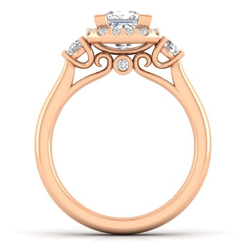 14K Rose Gold Princess Three Stone Halo Diamond Engagement Ring