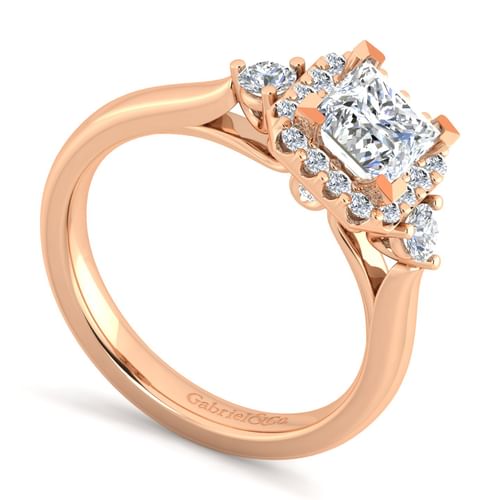 14K Rose Gold Princess Three Stone Halo Diamond Engagement Ring