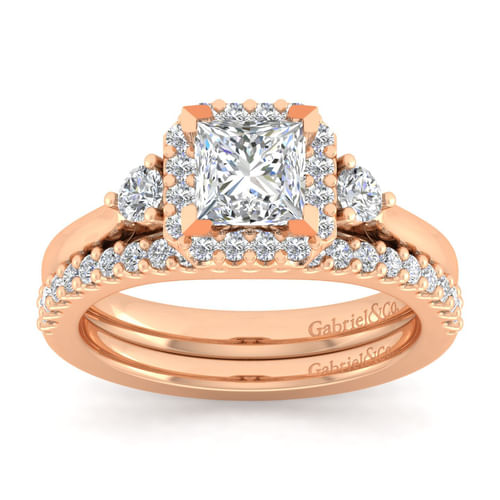 14K Rose Gold Princess Three Stone Halo Diamond Engagement Ring