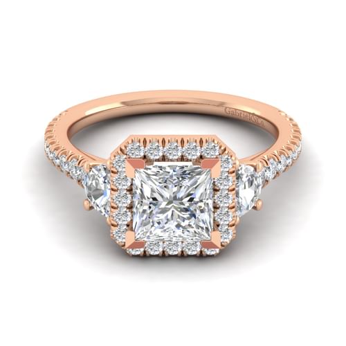 14K Rose Gold Princess Three Stone Halo Diamond Engagement Ring