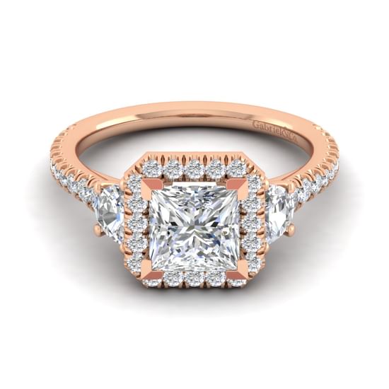 Gabriel - 14K Rose Gold Princess Three Stone Halo Diamond Engagement Ring