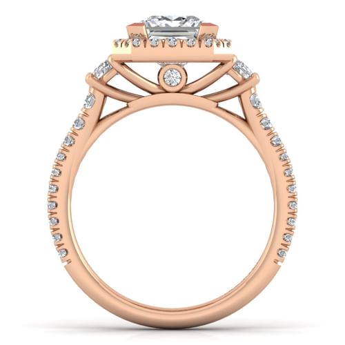 14K Rose Gold Princess Three Stone Halo Diamond Engagement Ring
