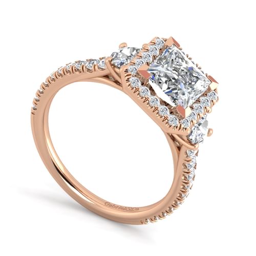 14K Rose Gold Princess Three Stone Halo Diamond Engagement Ring