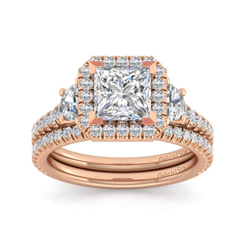 14K Rose Gold Princess Three Stone Halo Diamond Engagement Ring