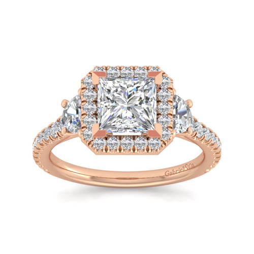 14K Rose Gold Princess Three Stone Halo Diamond Engagement Ring