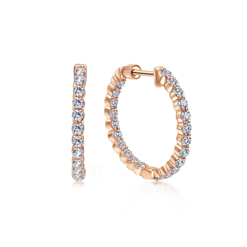 14K Rose Gold Prong Set  20mm Round Inside Out Diamond Hoop Earrings