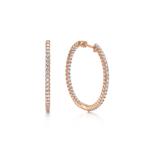 14K Rose Gold Prong Set  25mm Round Inside Out Diamond Hoop Earrings