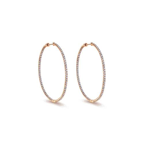 14K Rose Gold Prong Set  50mm Round Inside Out Diamond Hoop Earrings