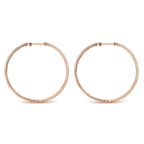 14K Rose Gold Prong Set  50mm Round Inside Out Diamond Hoop Earrings