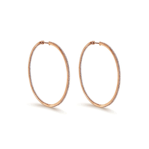14K Rose Gold Prong Set  60mm Round Inside Out Diamond Hoop Earrings