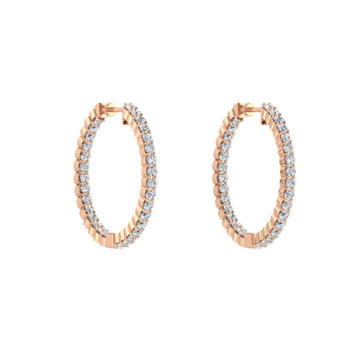 14K Rose Gold Prong Set 25mm Round Inside Out Diamond Hoop Earrings