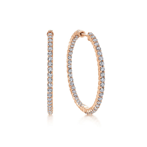 14K Rose Gold Prong Set 35mm Round Inside Out Diamond Hoop Earrings