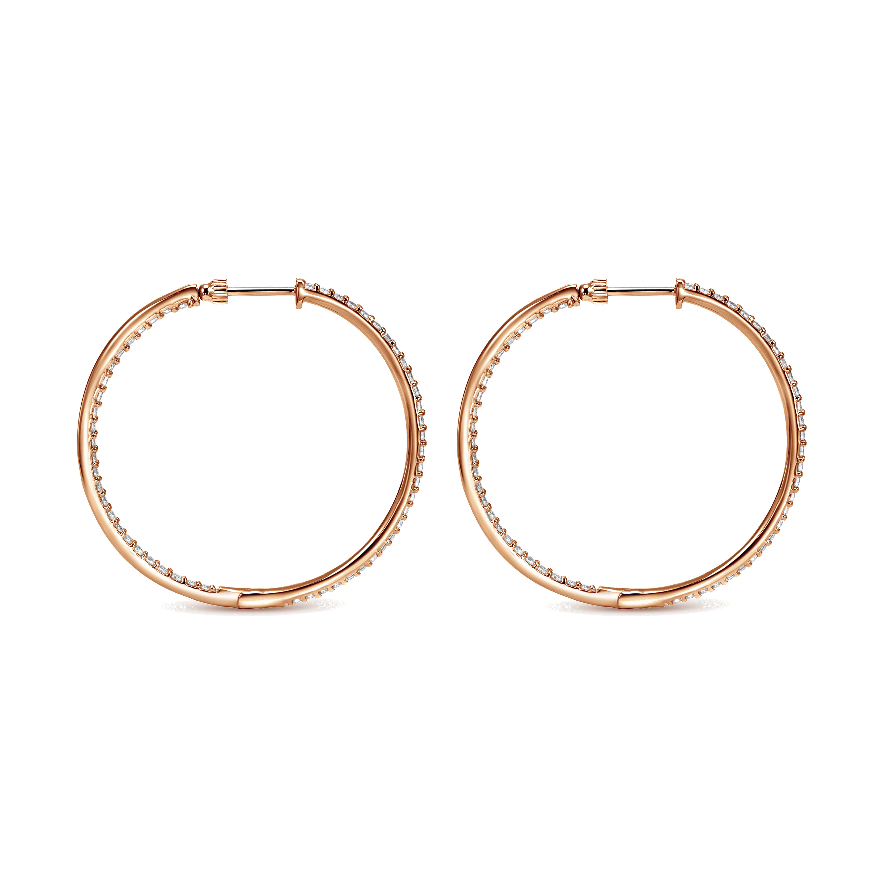 14K Rose Gold Prong Set 35mm Round Inside Out Diamond Hoop Earrings