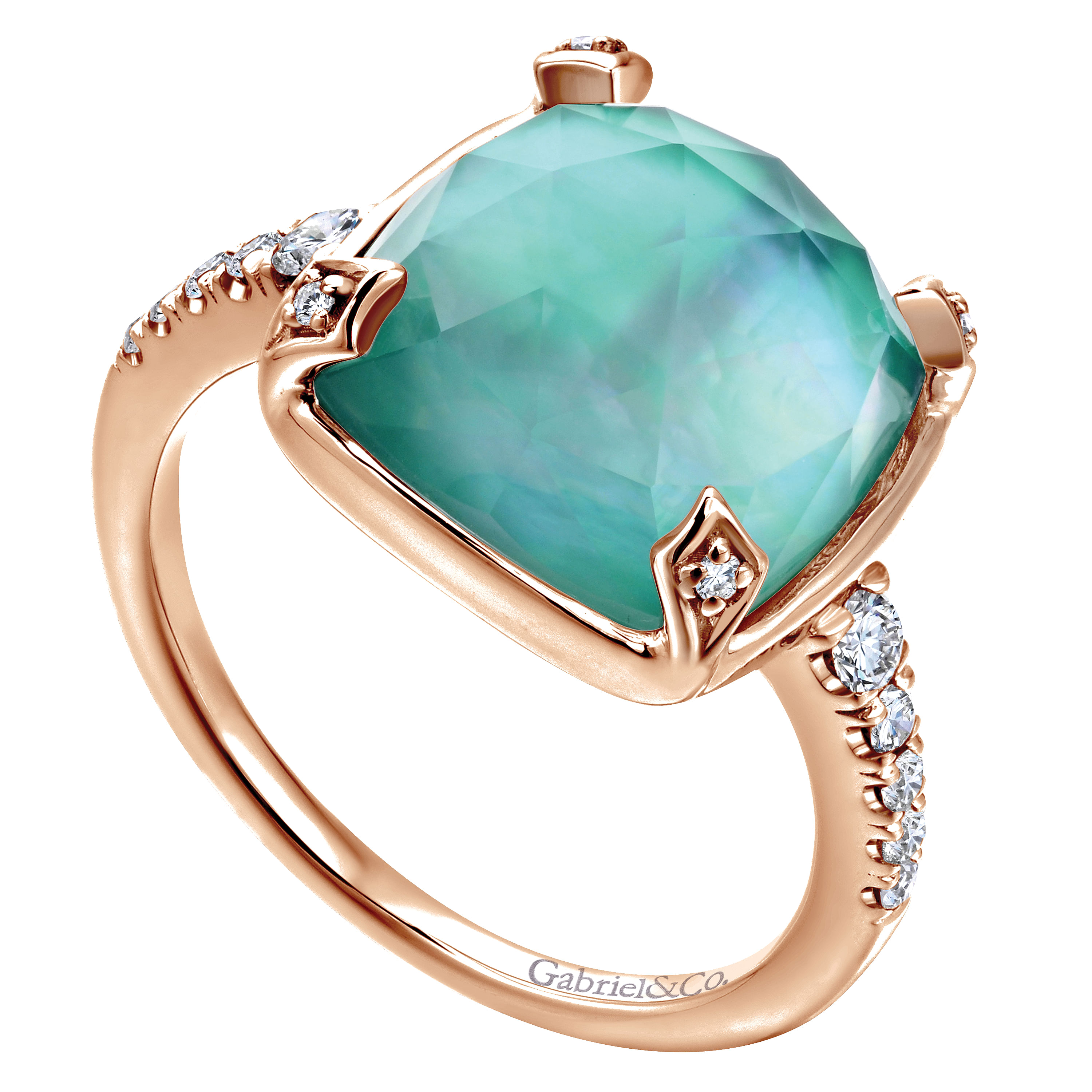14K Rose Gold Rock Crystal/White MOP and Green Onyx Diamond Ring