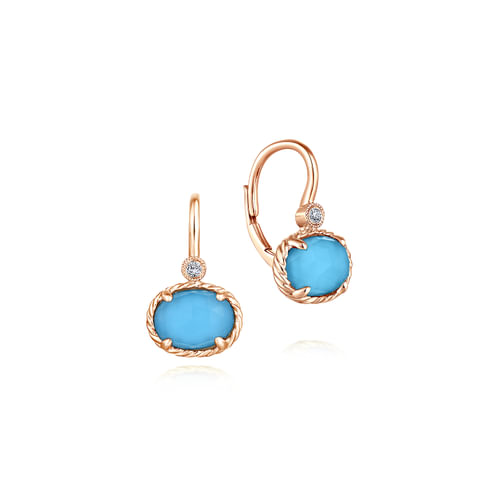 14K Rose Gold Rock Crystal and Turquoise and Diamond Drop Earrings