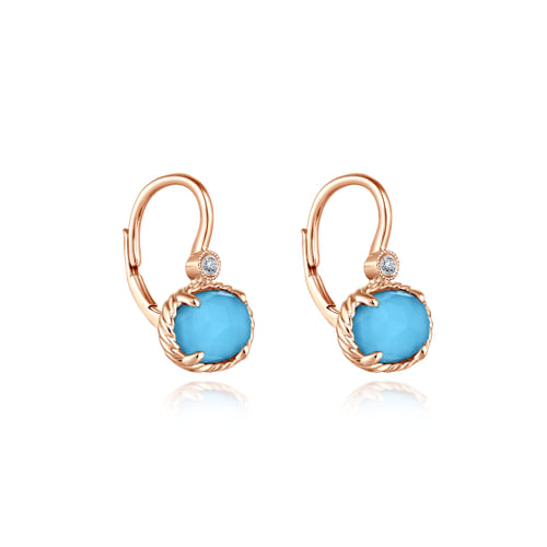14K Rose Gold Rock Crystal and Turquoise and Diamond Drop Earrings