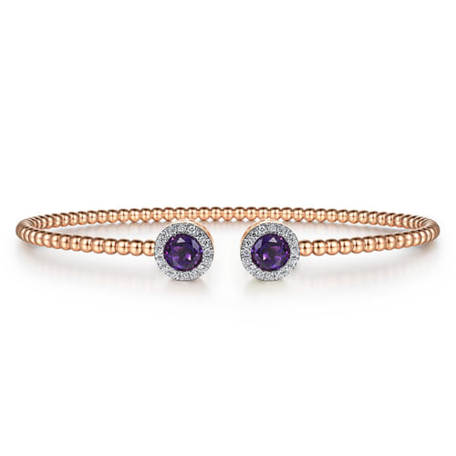 14K Rose Gold Round Amethyst and Diamond Halo Bujukan Bangle