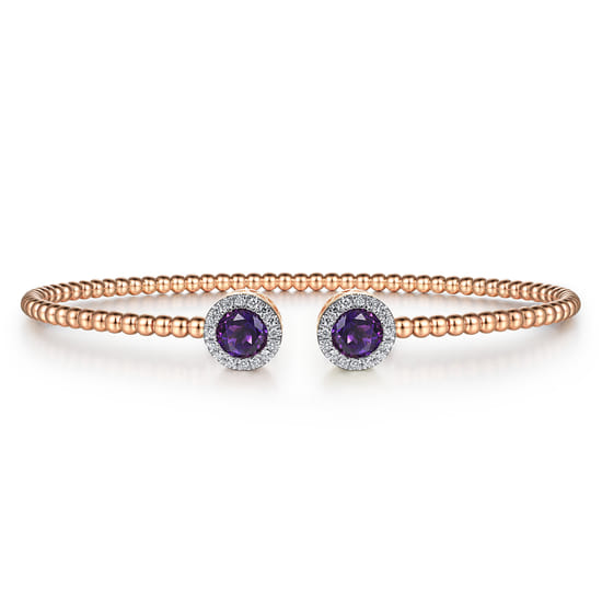 14K Rose Gold Round Amethyst and Diamond Halo Bujukan Bangle