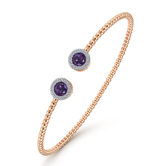 14K Rose Gold Round Amethyst and Diamond Halo Bujukan Bangle angle 2