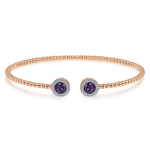 14K Rose Gold Round Amethyst and Diamond Halo Bujukan Bangle