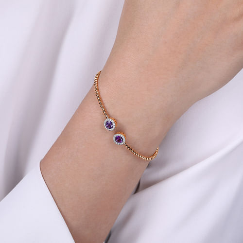 14K Rose Gold Round Amethyst and Diamond Halo Bujukan Bangle