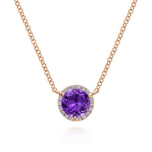14K Rose Gold Round Amethyst and Diamond Halo Pendant Necklace