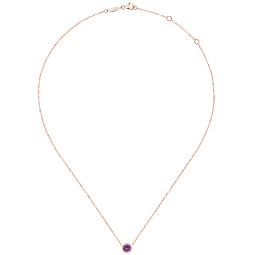 14K Rose Gold Round Amethyst and Diamond Halo Pendant Necklace