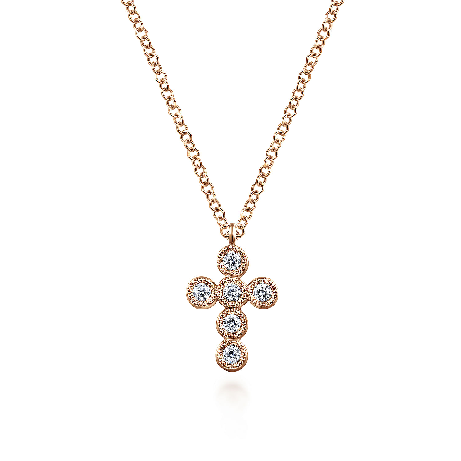 14K Rose Gold Round Bezel Set Diamond Cross Pendant Necklace