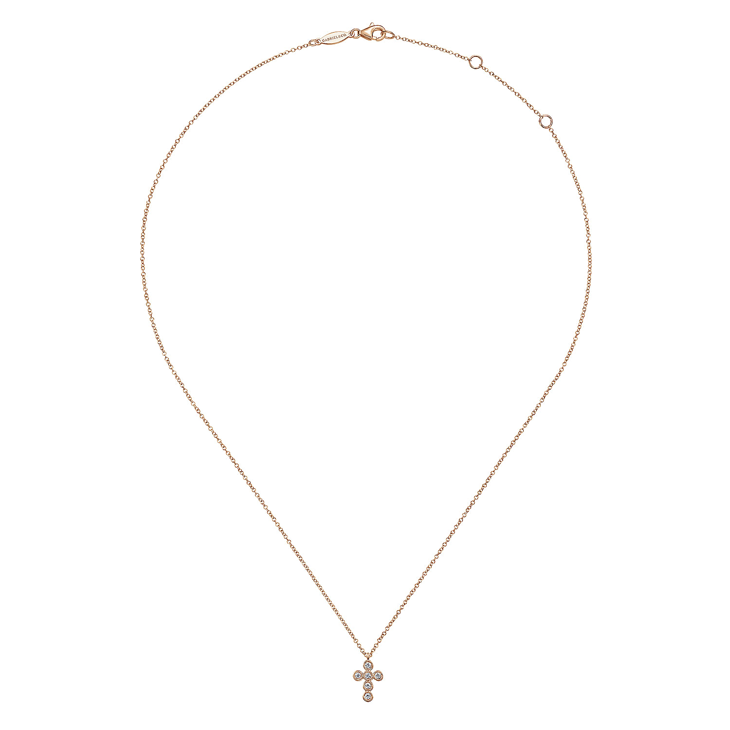 14K Rose Gold Round Bezel Set Diamond Cross Pendant Necklace