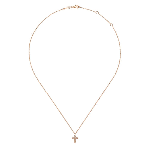 14K Rose Gold Round Bezel Set Diamond Cross Pendant Necklace