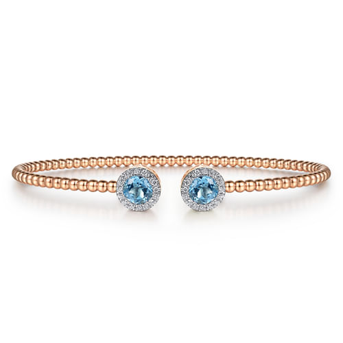 14K Rose Gold Round Blue Topaz and Diamond Halo Bujukan Bangle