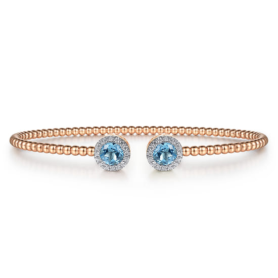 14K Rose Gold Round Blue Topaz and Diamond Halo Bujukan Bangle