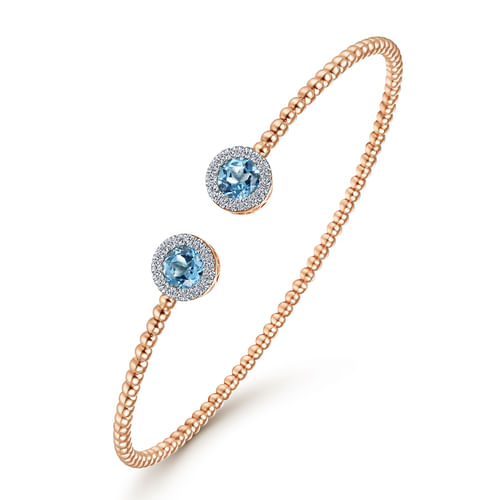 14K Rose Gold Round Blue Topaz and Diamond Halo Bujukan Bangle